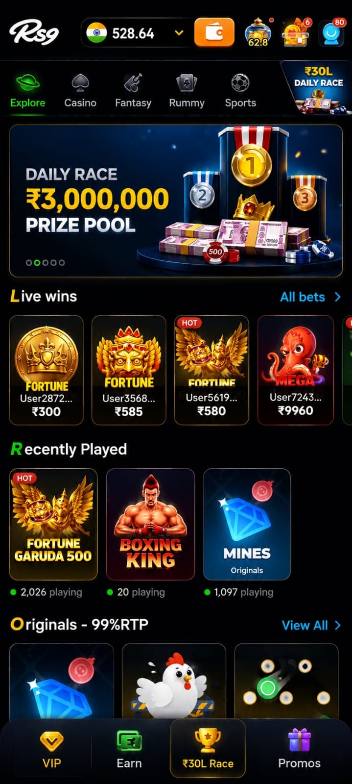 RS9 app home screen showing Explore, Casino, Fantasy, Rummy and Sports sections